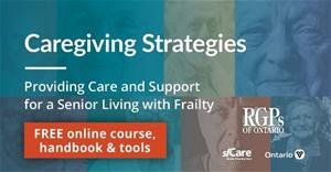 Graphic with multicoloured background of seniors faces that says Caregiving Strategies