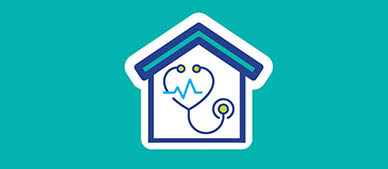 house with a stethoscope inside, where the chest piece forms a heart shape with a heartbeat line.