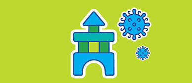 Child care building blocks with 2 virus icons beside it.