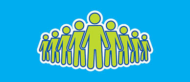 group of nine  human figures arranged in a semi-circle. The image conveys concepts of leadership, teamwork, or community with visual emphasis on the central figure.