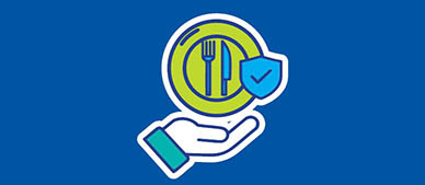 hand holding a plate with a fork and knife, accompanied by a shield featuring a checkmark. The graphic symbolizes food safety or protection in dining.