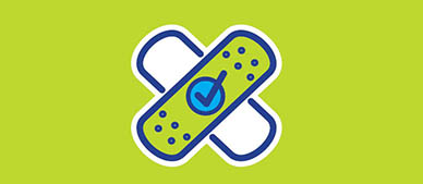 two overlapping bandages forming an X shape with a blue checkmark in a circle at the center.