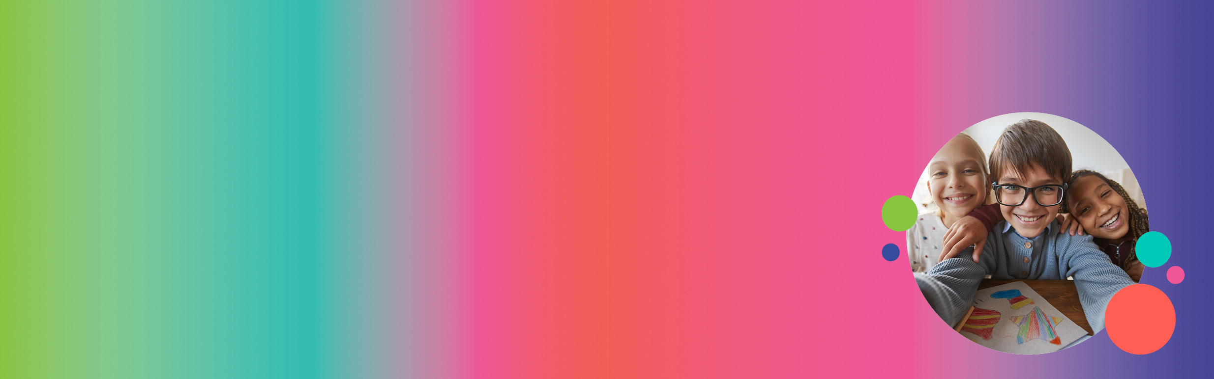 Colourful gradient background with photo of  happy 12-13 year old boy and girls in circle.
