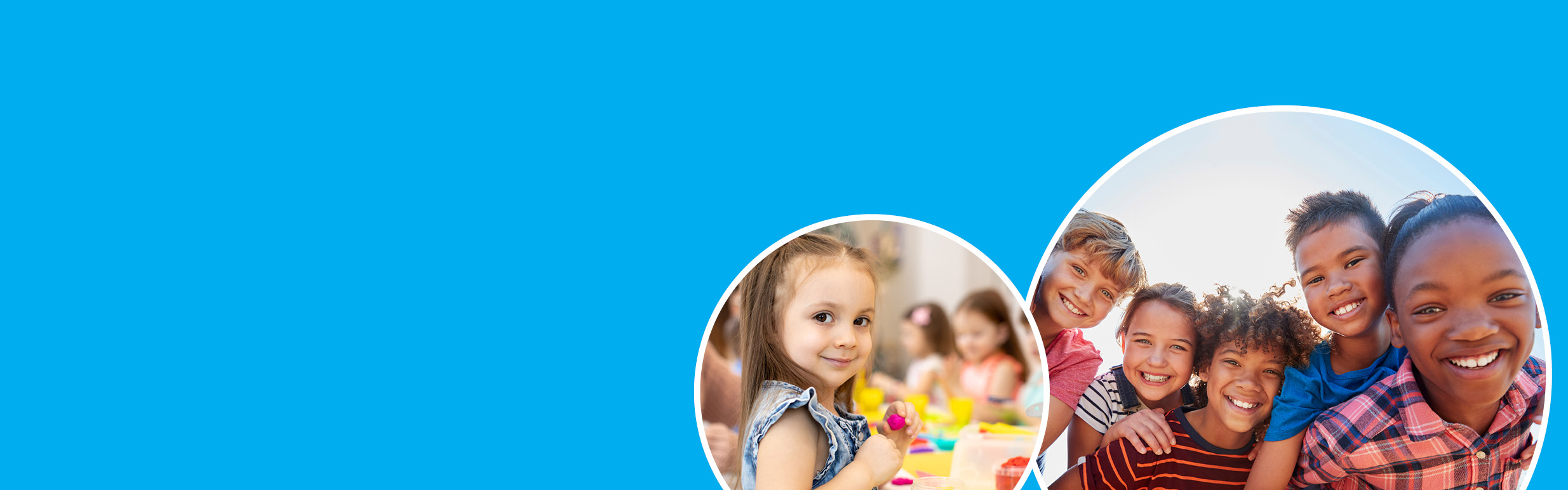 Blue background with photo of Kindergarten aged little girl at school in circle frame, a second photo with 12-13 year old boys and girls in a second circle frame.